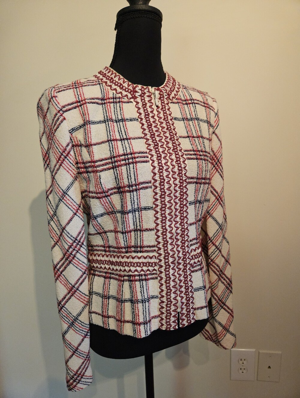 St John Vintage Womens Tweed Plaid Jacket w/ Leather trim S4
